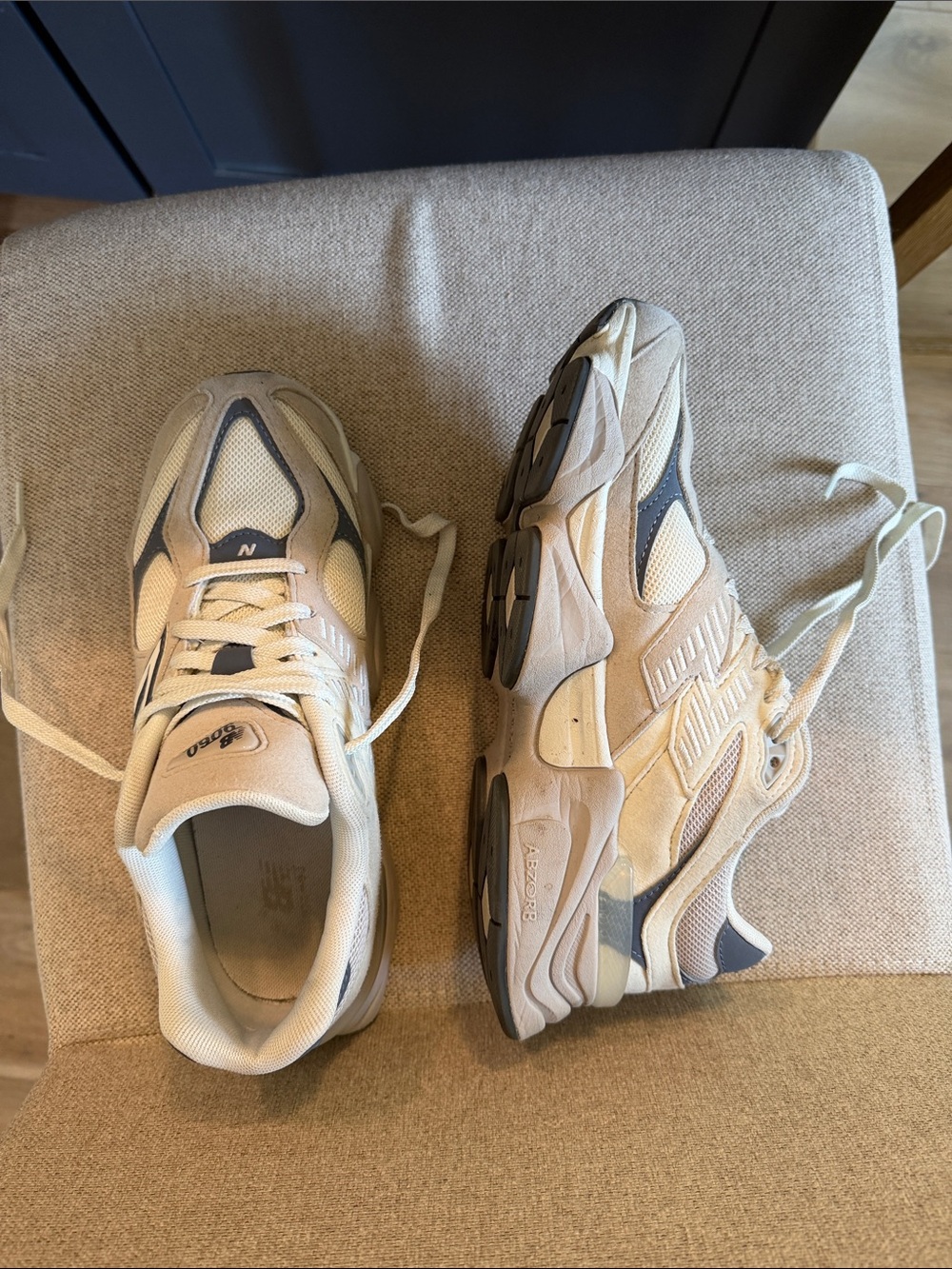 New Balance Sneakers in Cream and Gray with Navy Accents